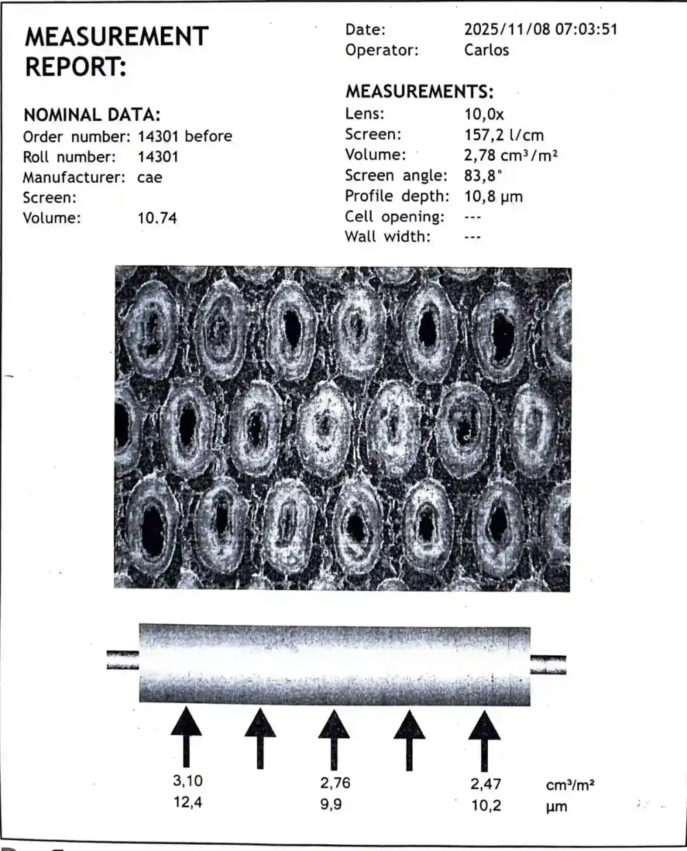 Anilox measurement report before laser cleaning, showing volume of 2.78 cm³/m² and profile depth of 10.8 µm