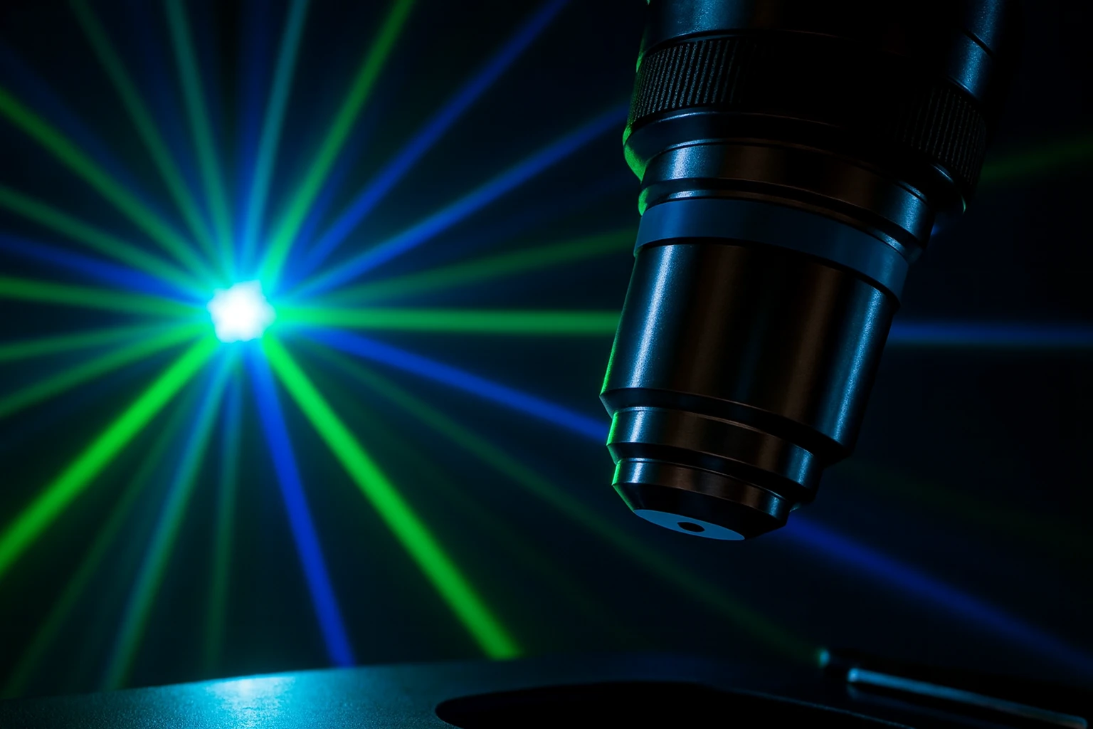 Microscope objective lens used for anilox cell inspection, lit by laser light